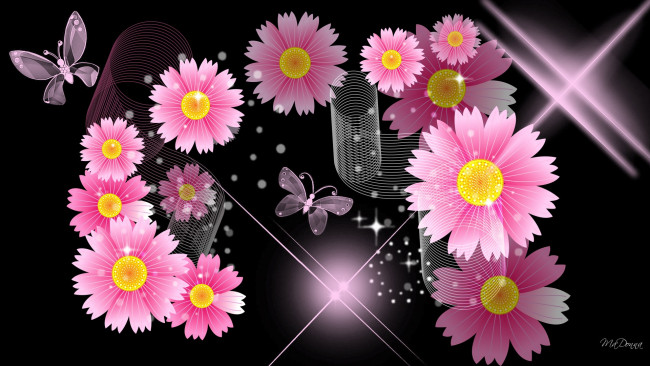 Обои картинки фото векторная графика, цветы, бабочки, фон, лепестки