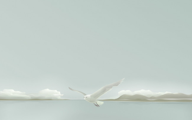 Обои картинки фото векторная графика, животные, горы, море, полет, облака, чайка, небо