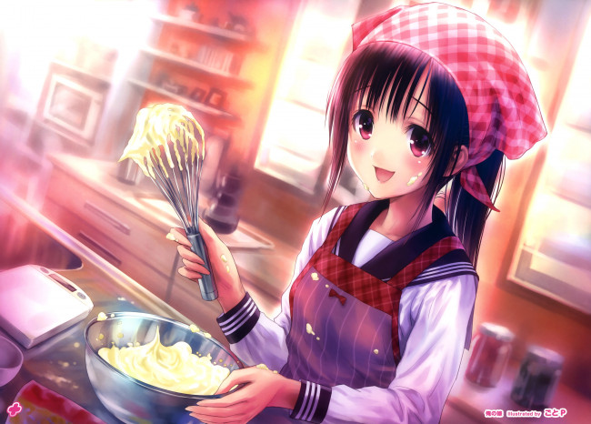 Обои картинки фото аниме, *unknown , другое, тесто, улыбка, кухня, девушка, арт, goto-p
