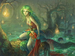 Картинка фэнтези девушки парни девушка арт корона король кувшинки мотылек огни пруд болото лес дерево