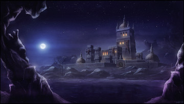Картинка фэнтези замки скалы ночь замок луна месяц горы