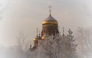 обоя города, - православные церкви,  монастыри, зима, деревья, иней, красота, золотые, купола, церковь