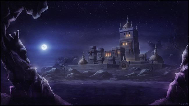 Обои картинки фото фэнтези, замки, скалы, ночь, замок, луна, месяц, горы