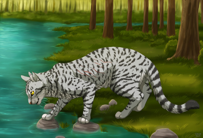 Обои картинки фото рисованное, животные,  коты, лес, река, кошка