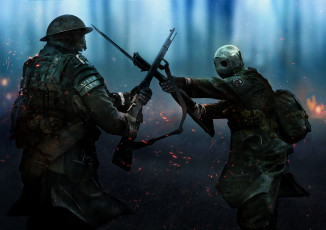 Картинка фэнтези люди ружье бой арт схватка шлем штык солдаты маска