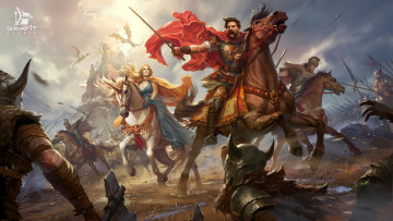 Картинка фэнтези люди войны девушка армия замок кони битва оружие единорог драконы