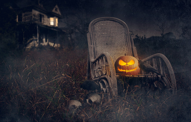 Обои картинки фото праздничные, хэллоуин, черепа, праздник, halloween, тыква, дом, ночь, грачи