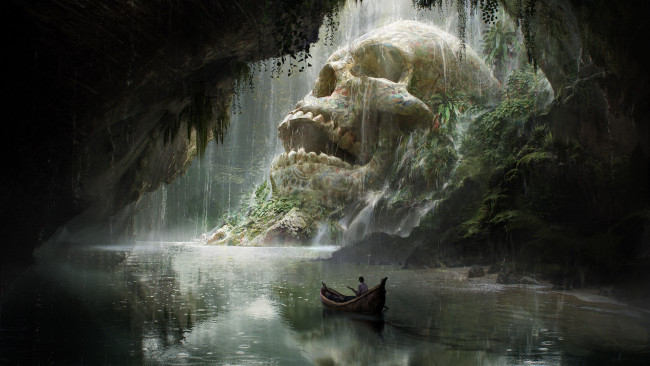 Обои картинки фото фэнтези, иные миры,  иные времена, quentin, mabille, fantasy, skull, cave, череп, лодка, путешествие, арт