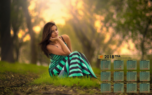 Обои картинки фото календари, девушки, трава, взгляд, 2018