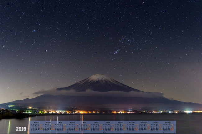 Обои картинки фото japan, календари, города, звезда, ночь, водоем, вулкан, 2018