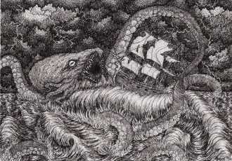 Картинка фэнтези существа корабль море шторм кракен