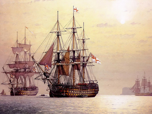 Обои картинки фото derek, gardner, the, ville, de, paris, 110, guns, in, tor, bay, 1805, корабли, рисованные
