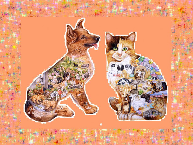 Обои картинки фото рисованные, животные, кот, собака