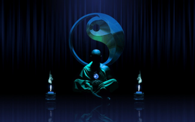 Обои картинки фото 3д, графика, yin, yang, инь, Янь, монах, свечи