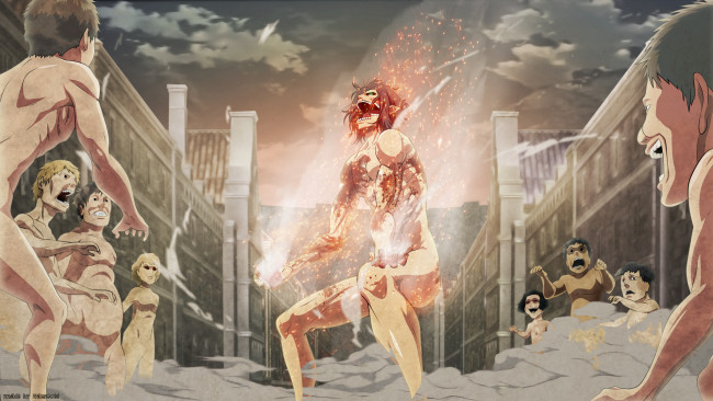 Обои картинки фото аниме, shingeki no kyojin, крик, титан, перевоплощение, eren, yeager, город, небо
