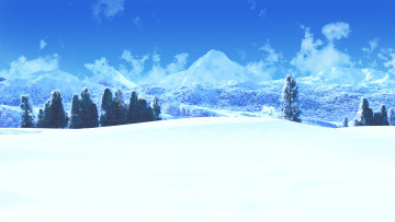 Картинка рисованное природа пейзаж зима небо сугробы ёлки снег