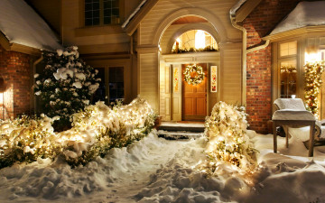 Картинка праздничные новогодние+пейзажи снег украшения дом елка венок кусты