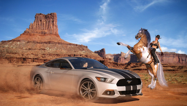 Обои картинки фото 3д графика, люди , people, парень, пустыня, автомобиль, фон, взгляд, девушка, лошадь