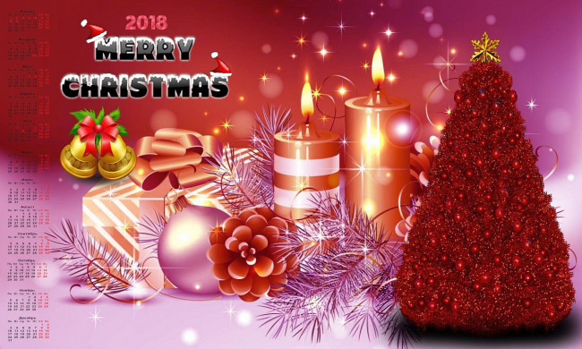 Обои картинки фото календари, праздники,  салюты, колокольчик, шишка, елка, свеча, 2018