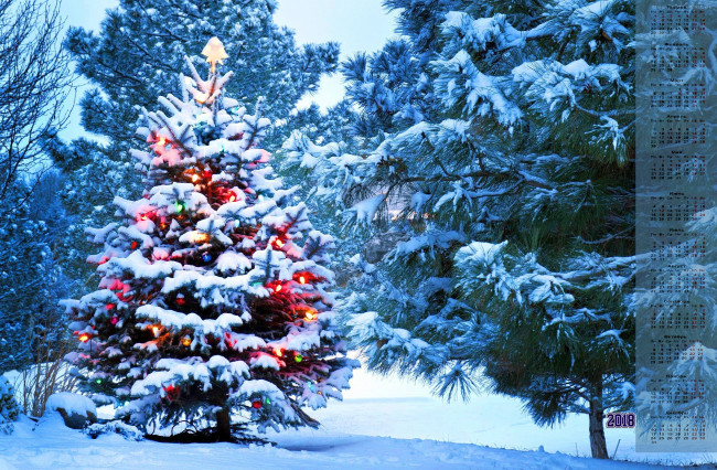 Обои картинки фото календари, праздники,  салюты, снег, гирлянда, елка, 2018