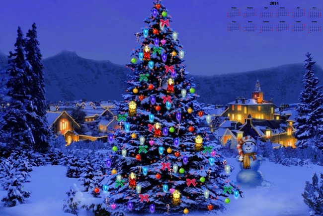 Обои картинки фото календари, праздники,  салюты, гора, дом, зима, снеговик, гирлянда, елка, 2018