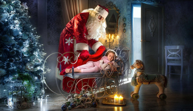 Обои картинки фото праздничные, дед мороз,  санта клаус, елка, дед, мороз, лошадка, девочка