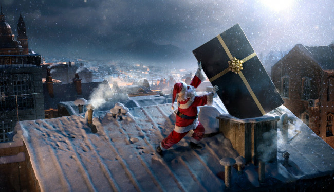 Обои картинки фото праздничные, дед мороз,  санта клаус, санта, подарок, крыша, снег