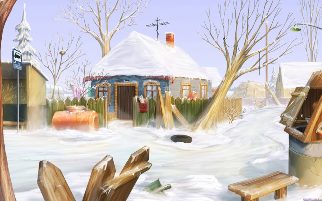 Обои картинки фото рисованное, города, деревня, дома, снег, остановка, колодец, деревья