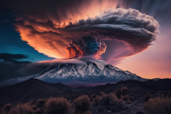 Картинка природа стихия вулкан извержение закат сюрреалистический пейзаж гора апокалипсис