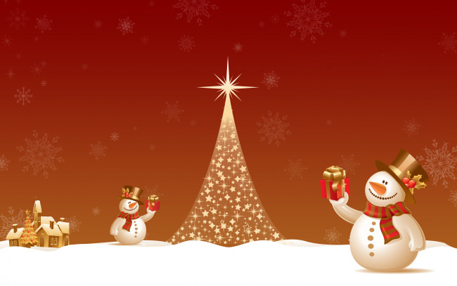 Обои картинки фото праздничные, векторная графика , новый год, ёлка, снег, снеговики, подарки, дом