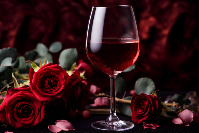 Обои картинки фото еда, напитки,  вино, розы, лепестки, вино, красное, бокал