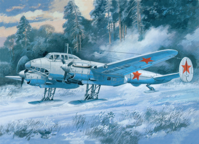 Обои картинки фото авиация, 3д, рисованые, v-graphic, самолет, снег, лес