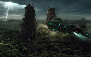 Картинка фэнтези космические корабли звездолеты станции dragos jieanu молния скалы