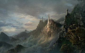 обоя фэнтези, замки, тучи, горы, туман, замок