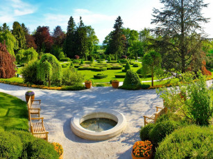 Картинка природа парк скамейки аллея фонтан ландшафтный дизайн