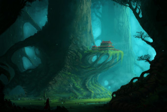 Картинка фэнтези пейзажи путник ветви деревья дом гигантский воин лес
