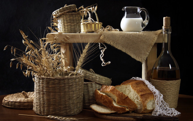 Обои картинки фото еда, натюрморт, молоко, колоски, бутыль, вино, хлеб