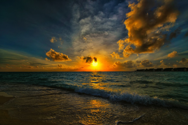 Обои картинки фото природа, восходы, закаты, море, залив, пляж, волны, солнце, утро