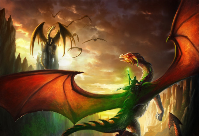 Обои картинки фото фэнтези, драконы, замок, крылья, человек, полет