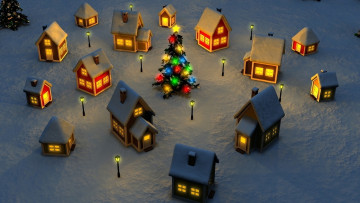 Картинка праздничные 3д+графика+ новый+год хоровод дома огни ёлка снег