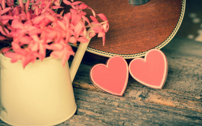 Обои картинки фото праздничные, день святого валентина,  сердечки,  любовь, розовые, цветы, гитара, heart, love, vintage, сердце, romantic