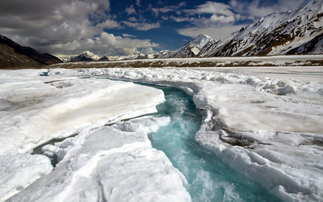 Обои картинки фото природа, айсберги и ледники, ручей, снег, горы