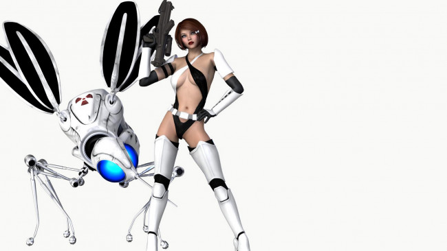 Обои картинки фото 3д графика, фантазия , fantasy, фон, девушка, униформа, робот, автомат, взгляд
