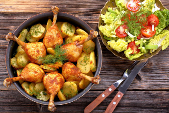 Картинка еда мясные+блюда помидоры овощи укроп картофель ломтики ножки куриные