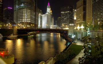 обоя города, Чикаго , сша, фонари, вечер, мост, река
