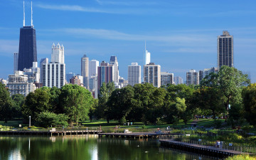 обоя города, Чикаго , сша, река, парк, небоскребы