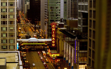 Картинка города Чикаго+ сша вечер здания надписи улица