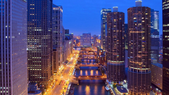 Обои картинки фото города, Чикаго , сша, вечер, мосты, река