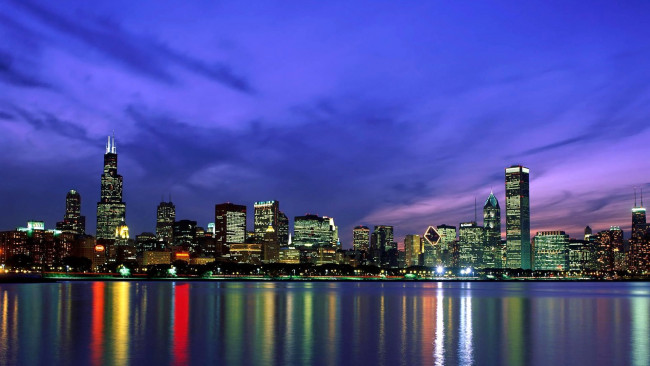 Обои картинки фото города, Чикаго , сша, вечер, отражение, вода