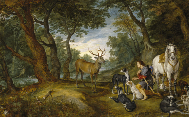 Обои картинки фото рисованное, живопись, видение, святого, губерта, лес, лошадь, Ян, брейгель, старший, олень, собаки, мифология